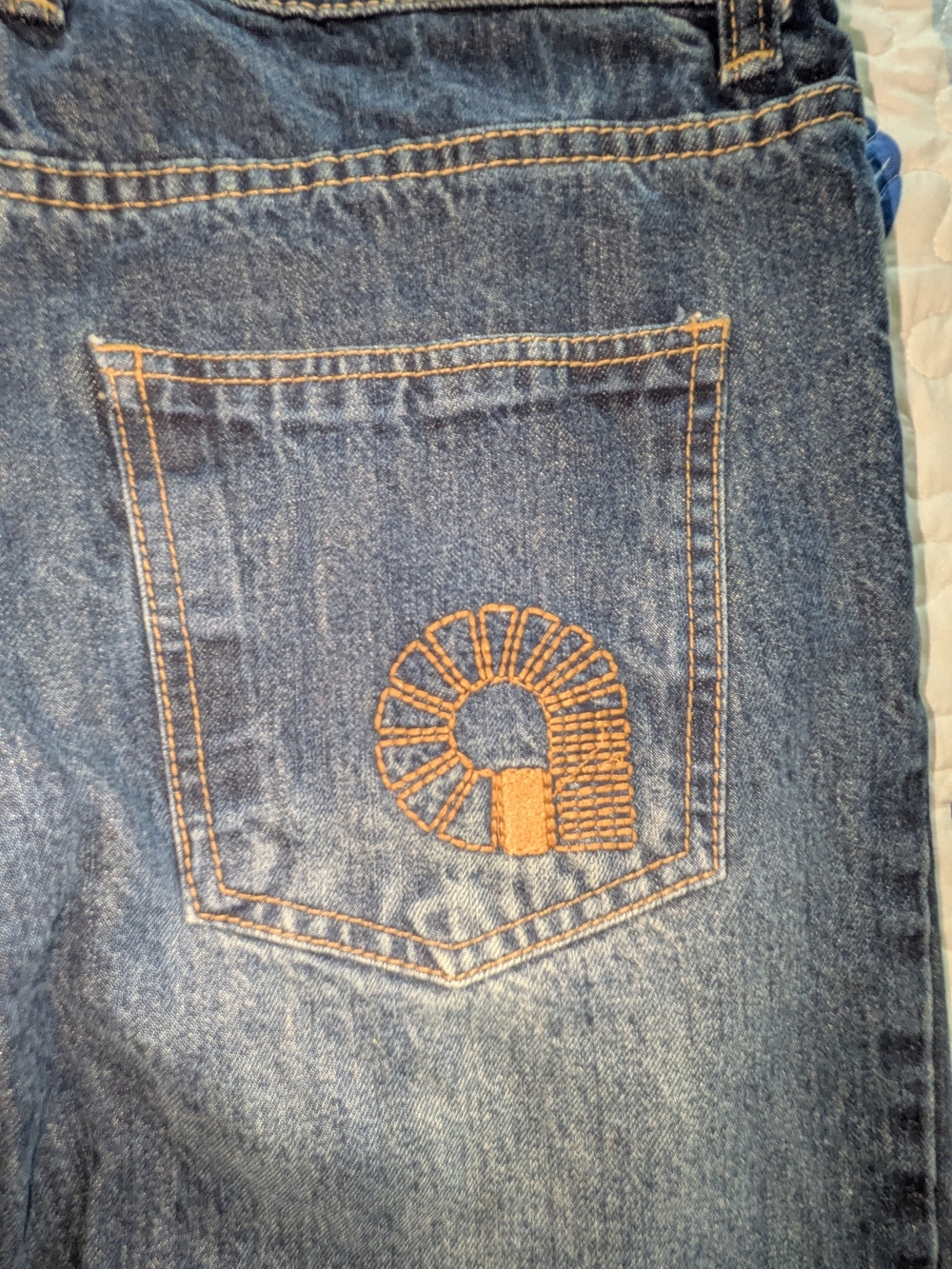 Akademiks Men's Blue Straight Jeans with Orange Back Embroidery Vintage Y2K